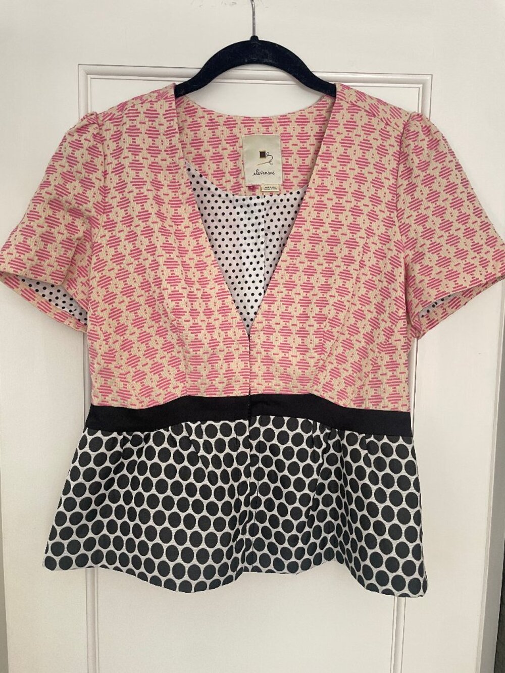 Anthropologie Elevenses Sprinkling of Pink Polka Dot Peplum Jacket Sz 8 EUC